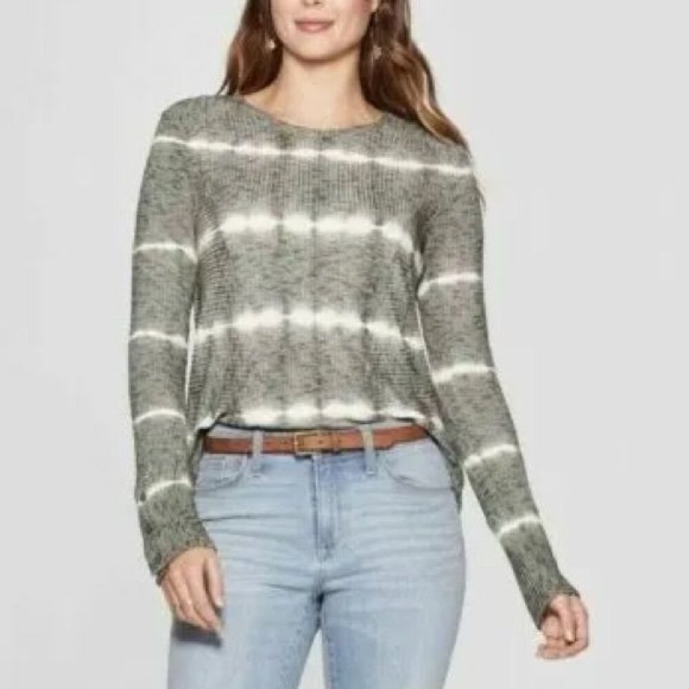 Knox Rose Women's Long Sleeve Plus Size Tie Dye Top Green White Size XXL